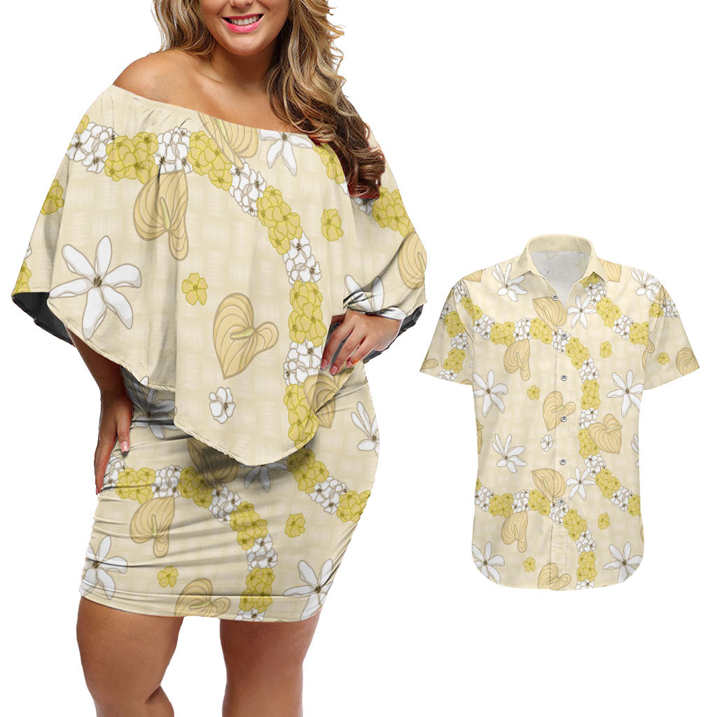 Hawaii Anthurium Tiare Pikake Lei Couples Matching Off Shoulder Short Dress and Hawaiian Shirt Melemele Lauhala Art Pattern