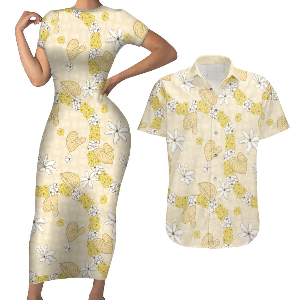 Hawaii Anthurium Tiare Pikake Lei Couples Matching Short Sleeve Bodycon Dress and Hawaiian Shirt Melemele Lauhala Art Pattern