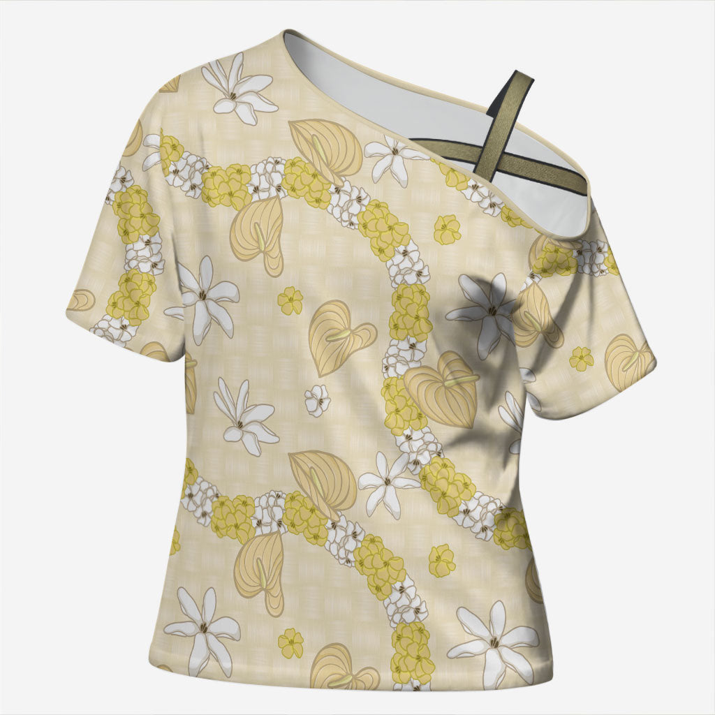 Hawaii Anthurium Tiare Pikake Lei Cross Shoulder Shirt Melemele Lauhala Art Pattern LT01 Female Yellow - Polynesian Pride