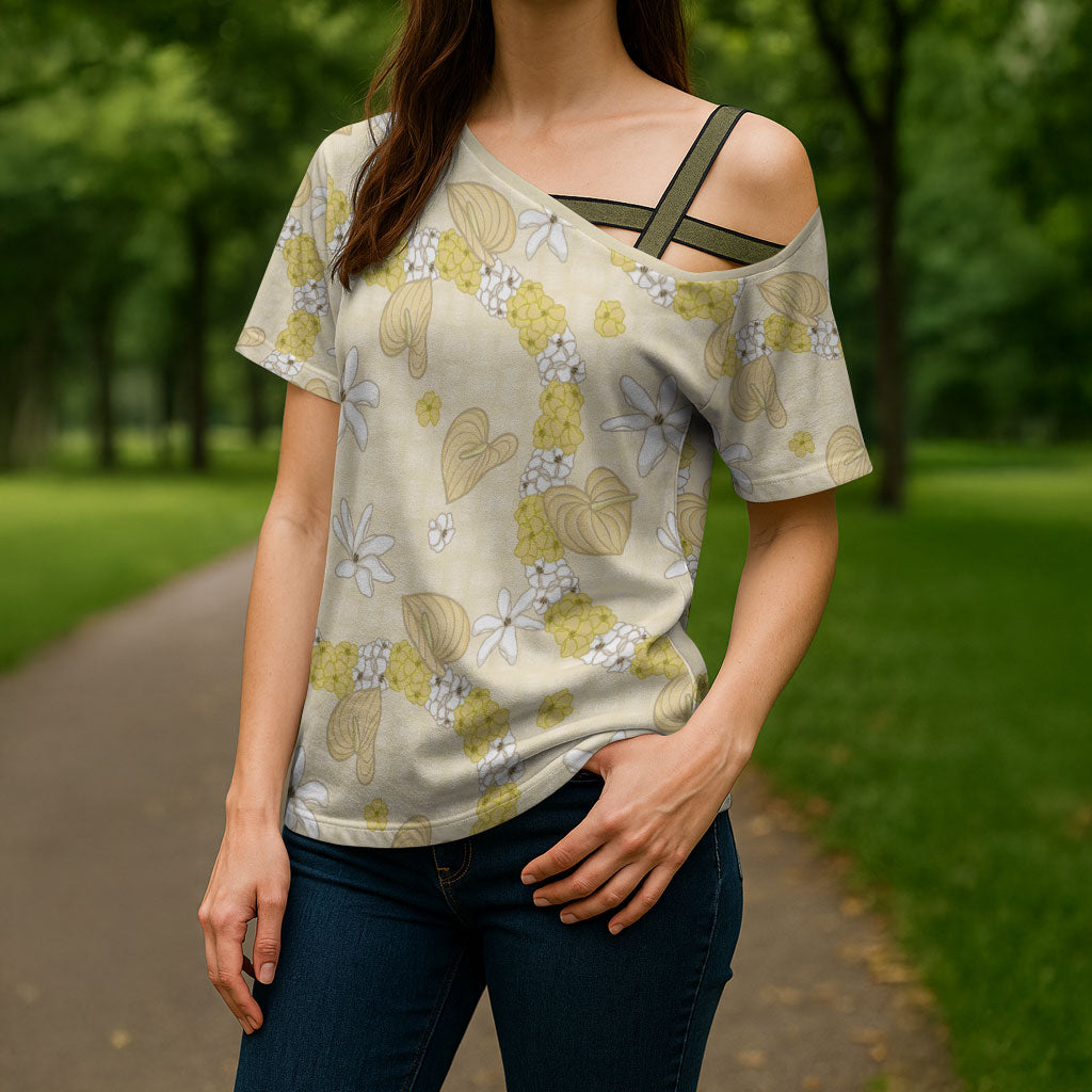 Hawaii Anthurium Tiare Pikake Lei Cross Shoulder Shirt Melemele Lauhala Art Pattern LT01 - Polynesian Pride