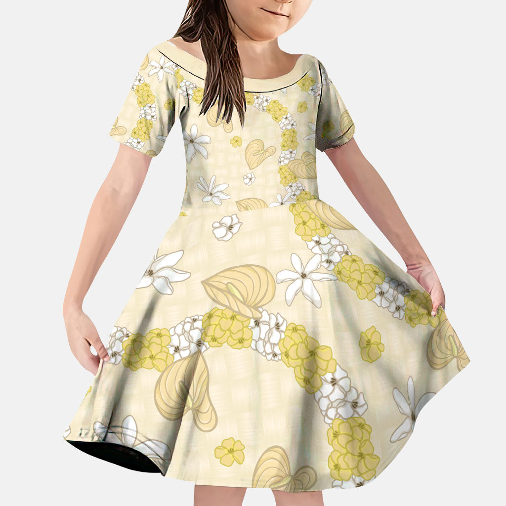 Hawaii Anthurium Tiare Pikake Lei Family Matching Off Shoulder Short Dress and Hawaiian Shirt Melemele Lauhala Art Pattern LT01 Daughter's Dress Yellow - Polynesian Pride