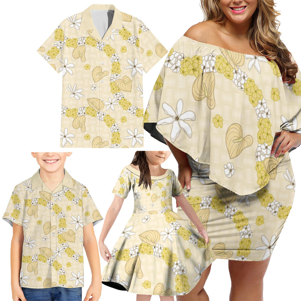 Hawaii Anthurium Tiare Pikake Lei Family Matching Off Shoulder Short Dress and Hawaiian Shirt Melemele Lauhala Art Pattern
