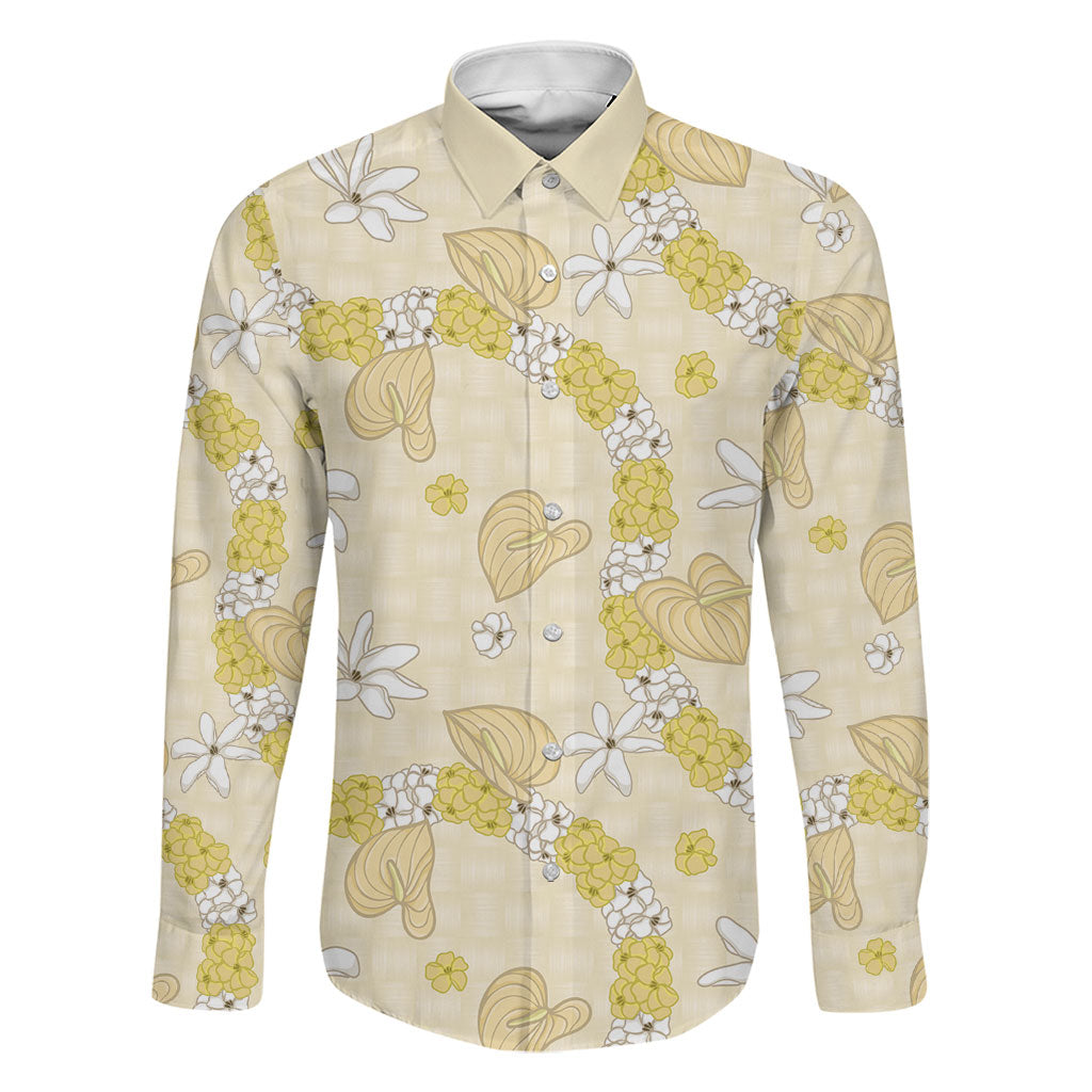 Hawaii Anthurium Tiare Pikake Lei Family Matching Off Shoulder Short Dress and Hawaiian Shirt Melemele Lauhala Art Pattern LT01 Dad's Shirt - Long Sleeve Yellow - Polynesian Pride