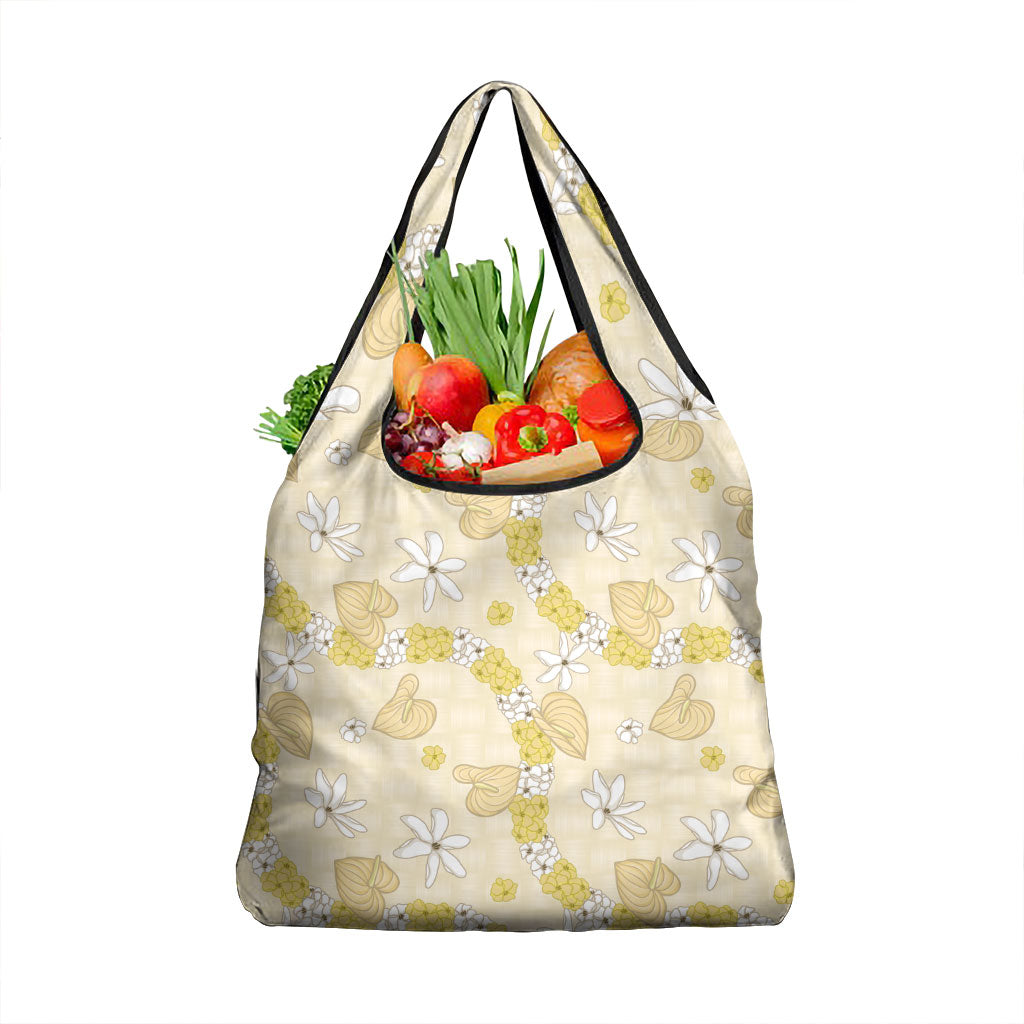 Hawaii Anthurium Tiare Pikake Lei Grocery Bag Melemele Lauhala Art Pattern LT01 1-pack One Size Yellow - Polynesian Pride