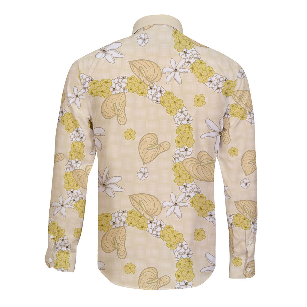 Hawaii Anthurium Tiare Pikake Lei Long Sleeve Button Shirt Melemele Lauhala Art Pattern LT01 - Polynesian Pride