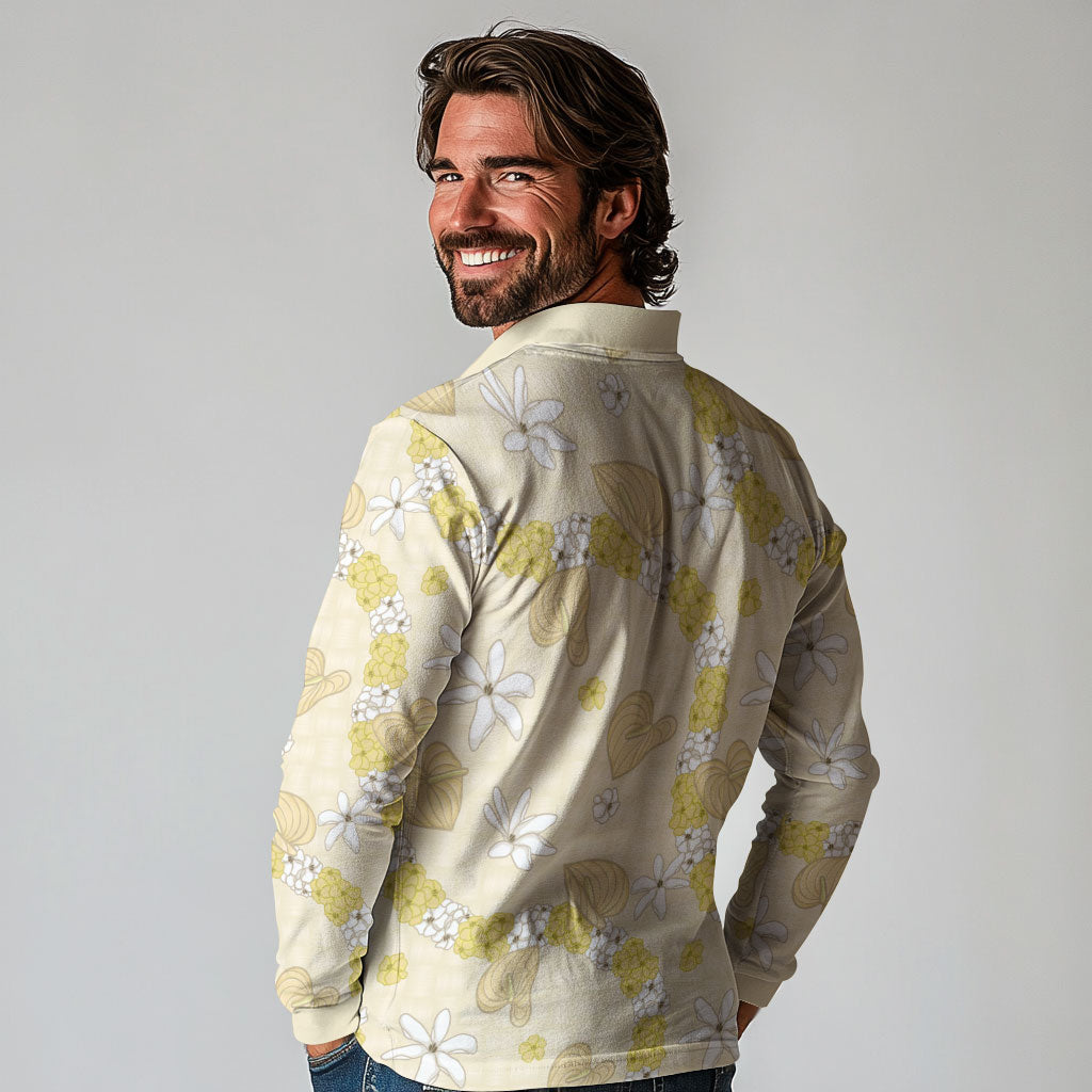 Hawaii Anthurium Tiare Pikake Lei Long Sleeve Polo Shirt Melemele Lauhala Art Pattern LT01 - Polynesian Pride