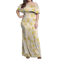 Hawaii Anthurium Tiare Pikake Lei Off Shoulder Maxi Dress Melemele Lauhala Art Pattern LT01 Women Yellow - Polynesian Pride