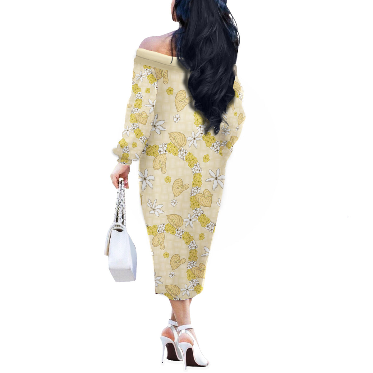 Hawaii Anthurium Tiare Pikake Lei Off The Shoulder Long Sleeve Dress Melemele Lauhala Art Pattern LT01 - Polynesian Pride