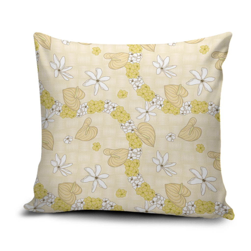 Hawaii Anthurium Tiare Pikake Lei Pillow Cover Melemele Lauhala Art Pattern LT01 Yellow - Polynesian Pride