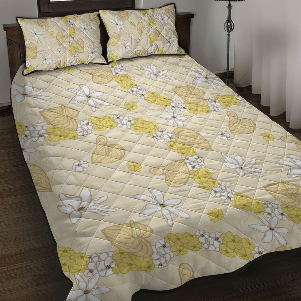 Hawaii Anthurium Tiare Pikake Lei Quilt Bed Set Melemele Lauhala Art Pattern LT01 Yellow - Polynesian Pride