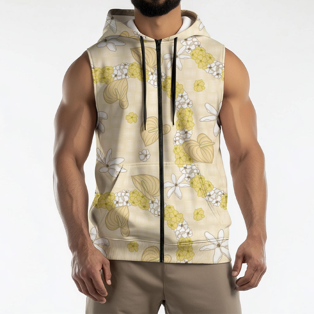 Hawaii Anthurium Tiare Pikake Lei Sleeveless Zip Hoodie Melemele Lauhala Art Pattern LT01 - Polynesian Pride