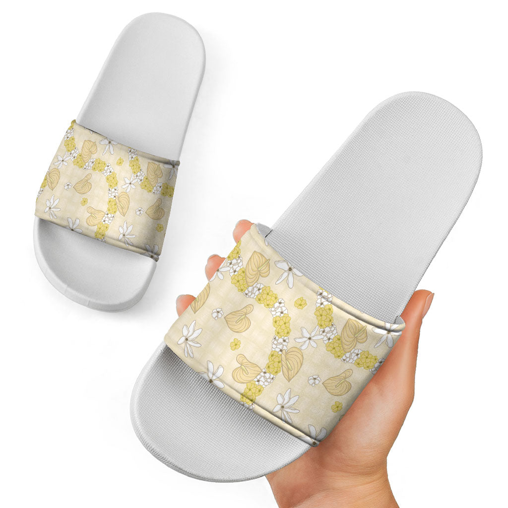 Hawaii Anthurium Tiare Pikake Lei Slide Sandals Melemele Lauhala Art Pattern LT01 - Polynesian Pride