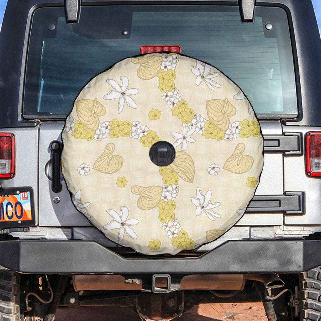 Hawaii Anthurium Tiare Pikake Lei Spare Tire Cover Melemele Lauhala Art Pattern LT01 Yellow - Polynesian Pride