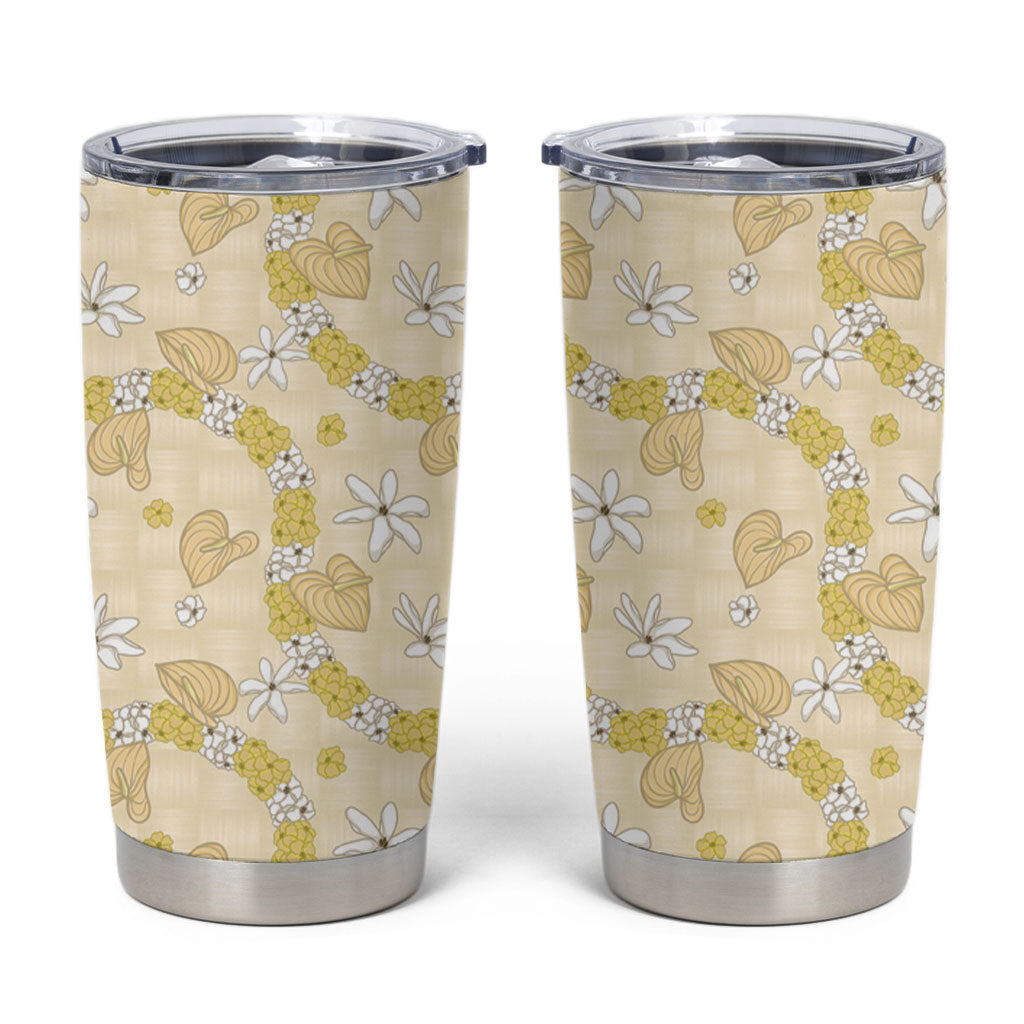 Hawaii Anthurium Tiare Pikake Lei Tumbler Cup Melemele Lauhala Art Pattern LT01 Yellow - Polynesian Pride
