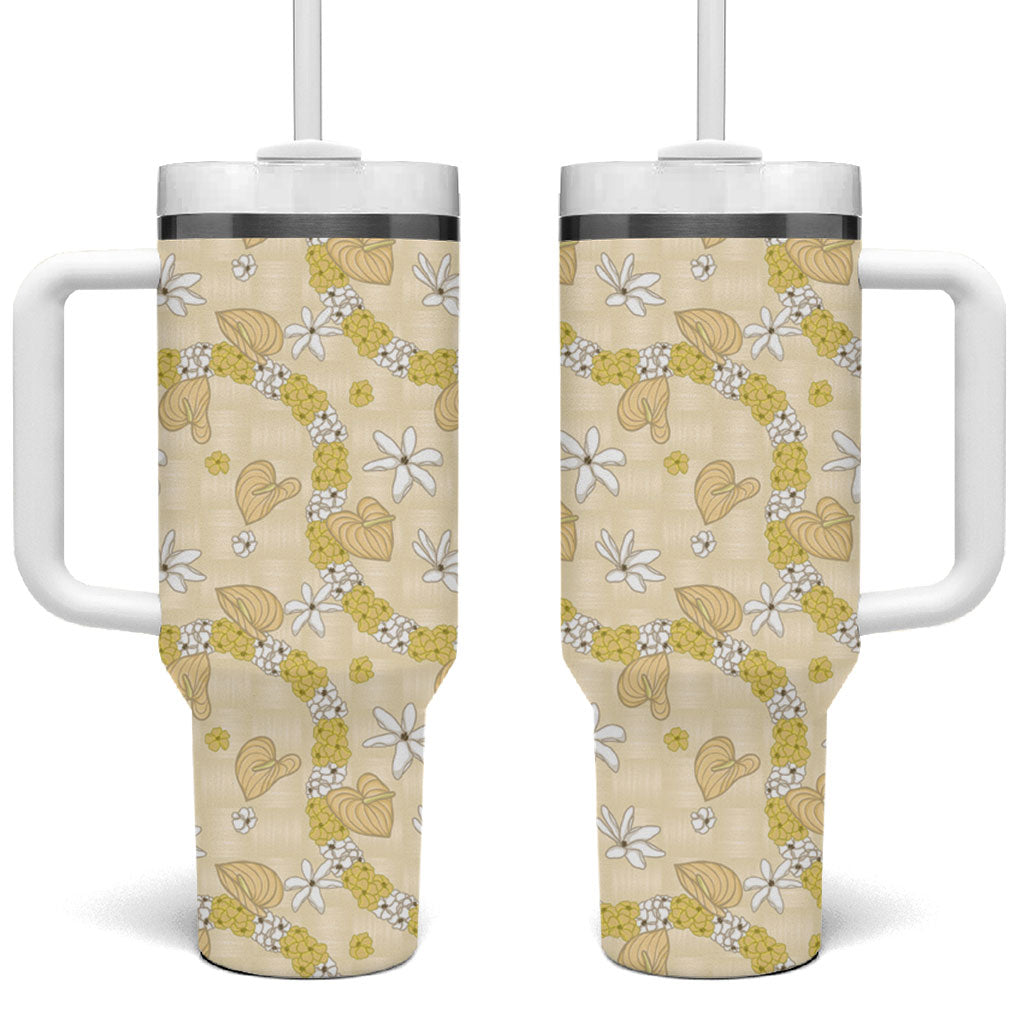 Hawaii Anthurium Tiare Pikake Lei Tumbler With Handle Melemele Lauhala Art Pattern LT01 One Size: 40 oz Yellow - Polynesian Pride
