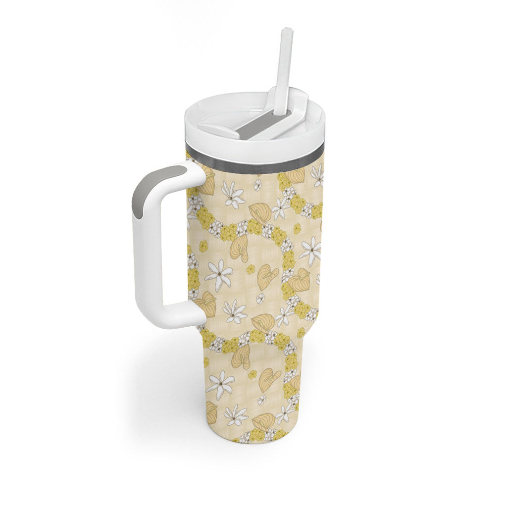 Hawaii Anthurium Tiare Pikake Lei Tumbler With Handle Melemele Lauhala Art Pattern LT01 - Polynesian Pride