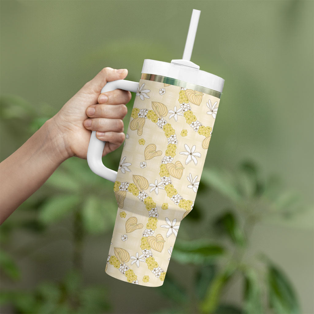 Hawaii Anthurium Tiare Pikake Lei Tumbler With Handle Melemele Lauhala Art Pattern LT01 - Polynesian Pride