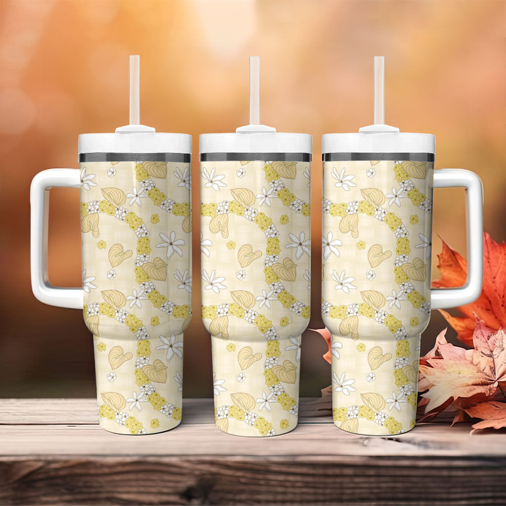 Hawaii Anthurium Tiare Pikake Lei Tumbler With Handle Melemele Lauhala Art Pattern LT01 - Polynesian Pride