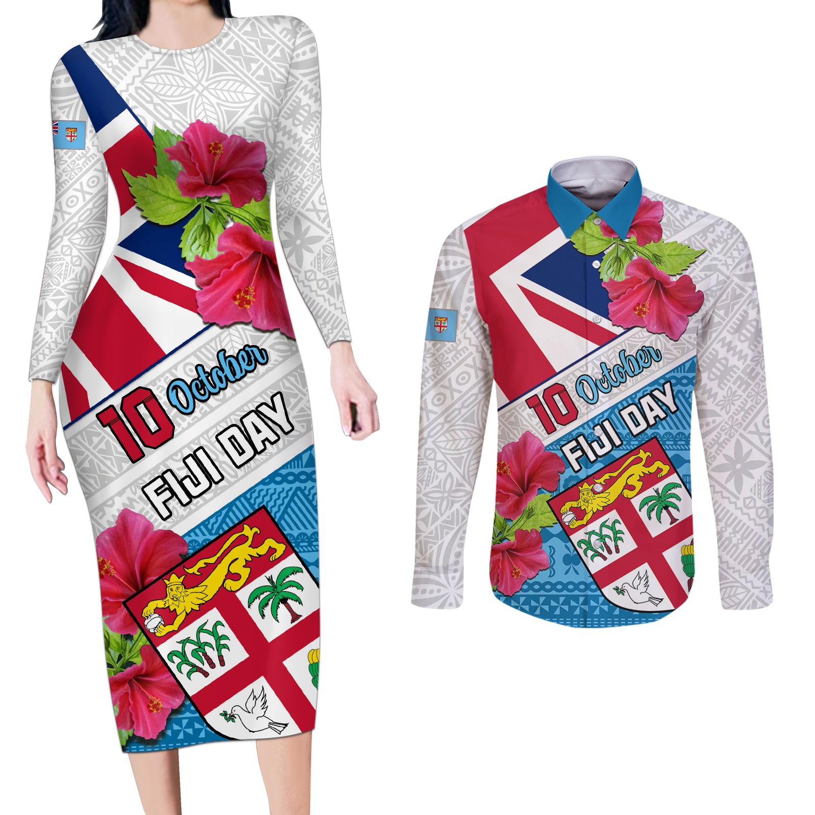 Fiji Day Couples Matching Long Sleeve Bodycon Dress and Long Sleeve Button Shirts Fijian Hibiscus Special Version LT01 White - Polynesian Pride