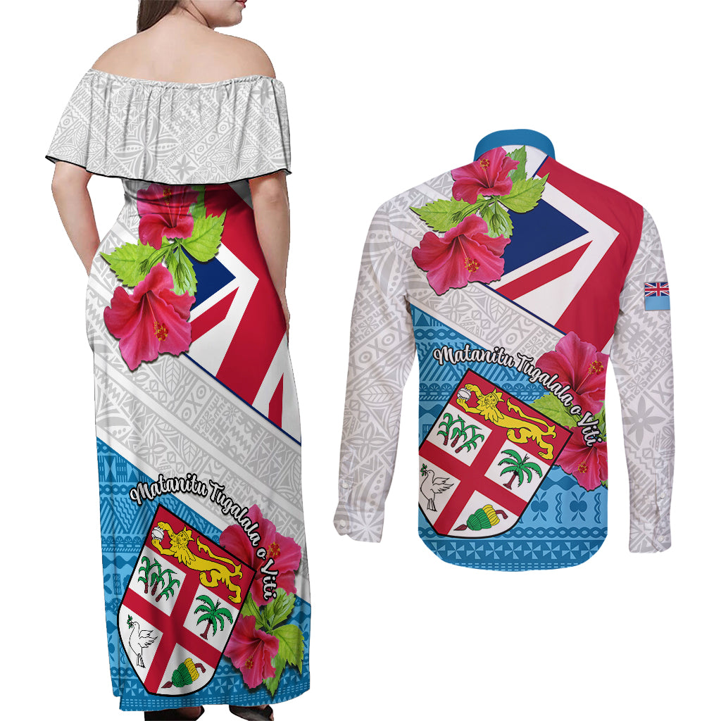 Fiji Day Couples Matching Off Shoulder Maxi Dress and Long Sleeve Button Shirts Fijian Hibiscus Special Version LT01 - Polynesian Pride