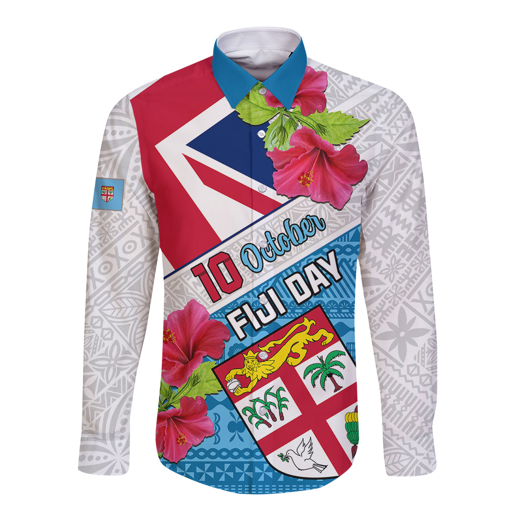 Fiji Day Long Sleeve Button Shirt Fijian Hibiscus Special Version LT01 Unisex White - Polynesian Pride