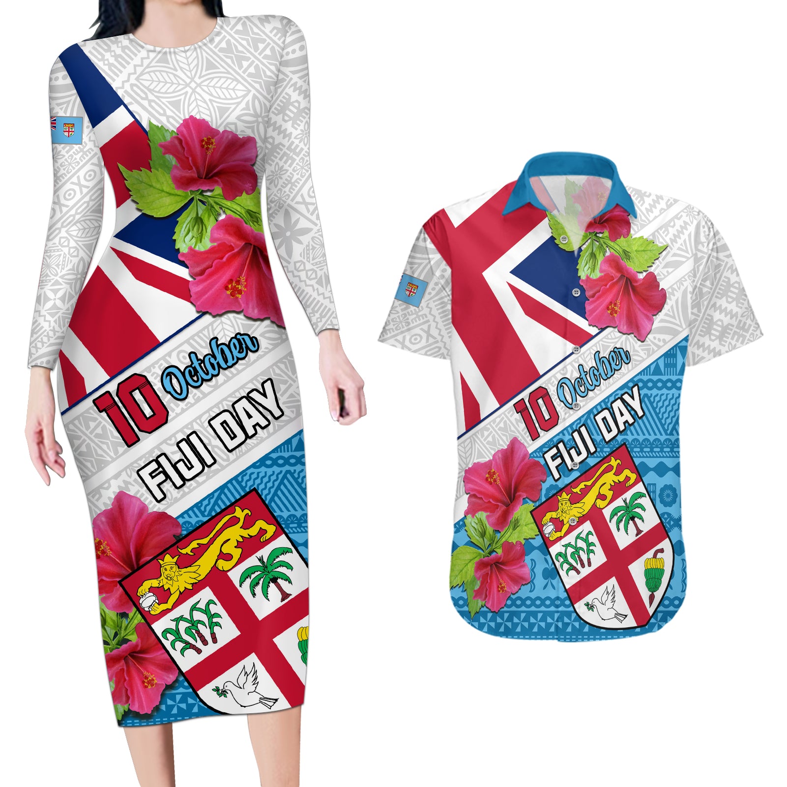 Personalised Fiji Day Couples Matching Long Sleeve Bodycon Dress and Hawaiian Shirt Fijian Hibiscus Special Version LT01 White - Polynesian Pride