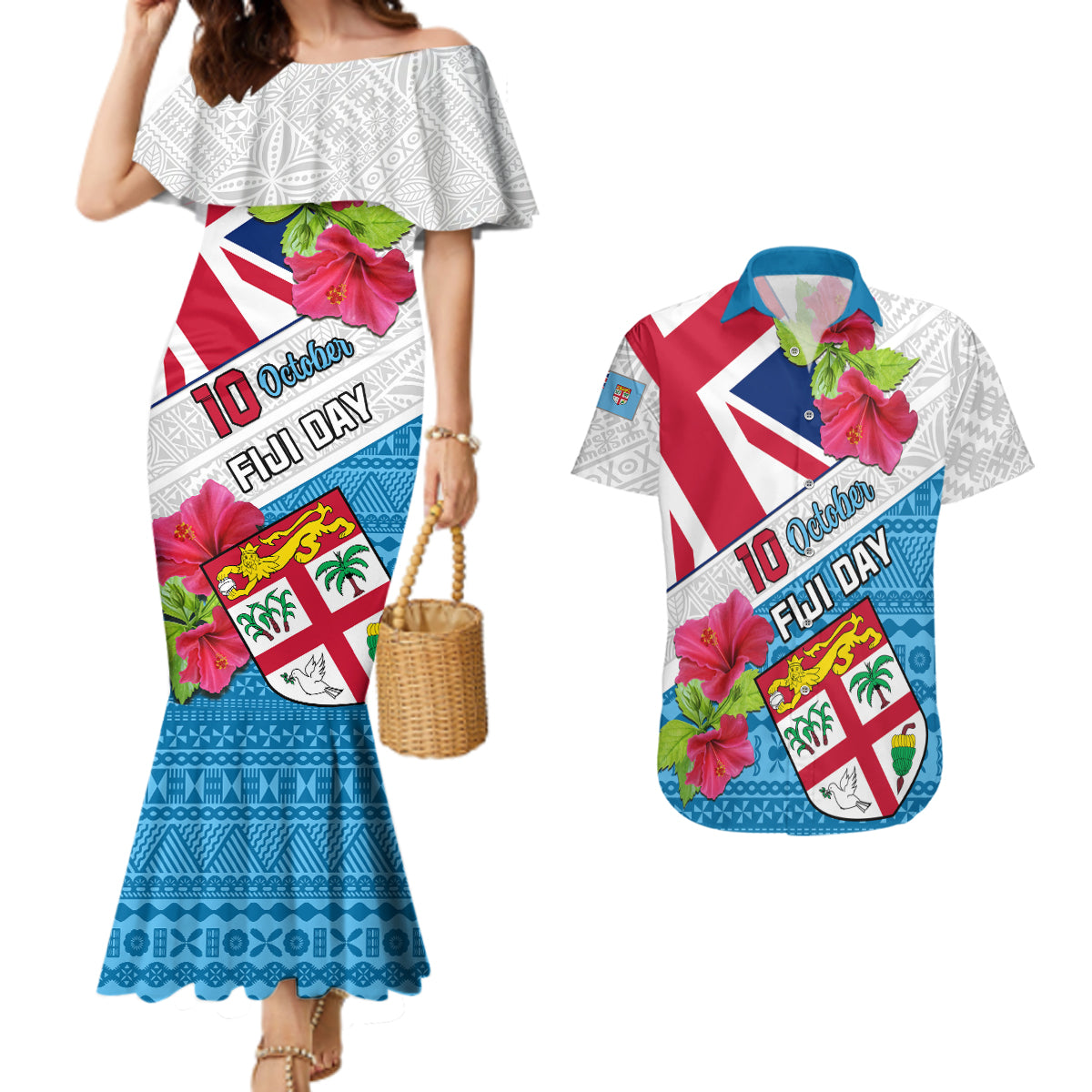 Personalised Fiji Day Couples Matching Mermaid Dress and Hawaiian Shirt Fijian Hibiscus Special Version LT01 White - Polynesian Pride