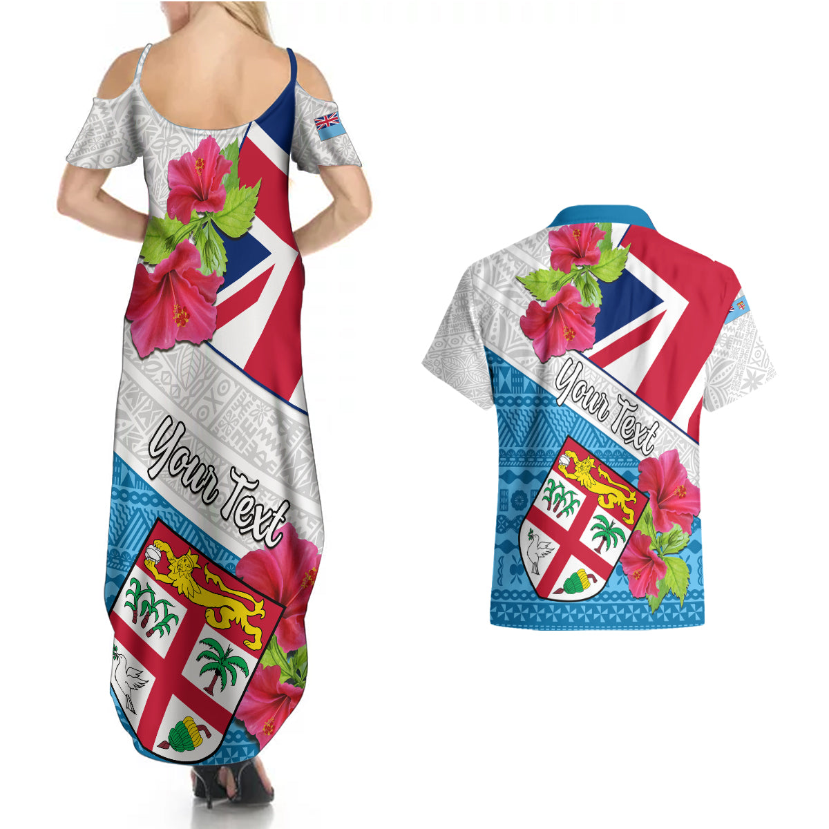 Personalised Fiji Day Couples Matching Summer Maxi Dress and Hawaiian Shirt Fijian Hibiscus Special Version LT01 - Polynesian Pride