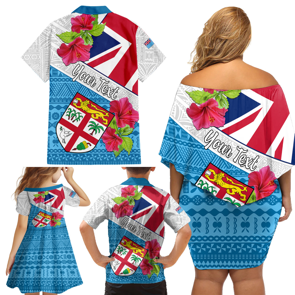 Personalised Fiji Day Family Matching Off Shoulder Short Dress and Hawaiian Shirt Fijian Hibiscus Special Version LT01 - Polynesian Pride