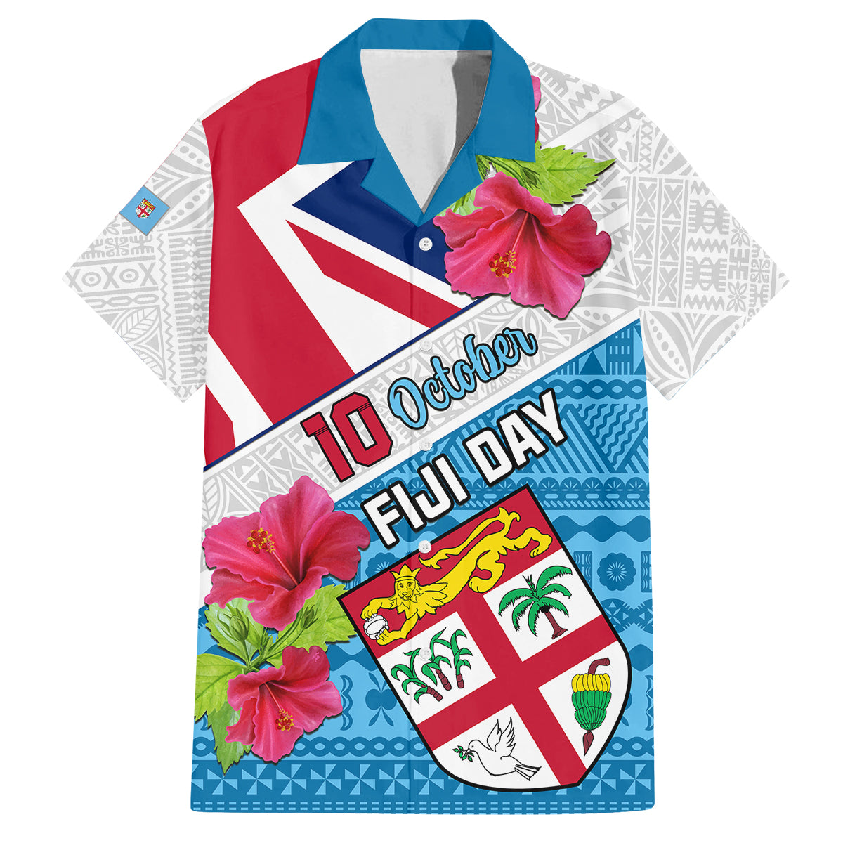 Personalised Fiji Day Family Matching Puletasi Dress and Hawaiian Shirt Fijian Hibiscus Special Version LT01 Dad's Shirt - Short Sleeve White - Polynesian Pride
