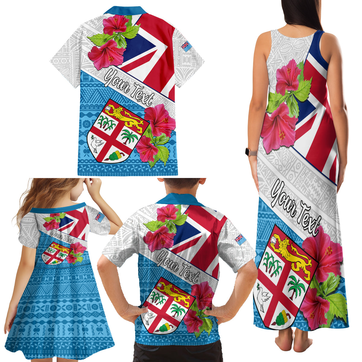 Personalised Fiji Day Family Matching Tank Maxi Dress and Hawaiian Shirt Fijian Hibiscus Special Version LT01 - Polynesian Pride