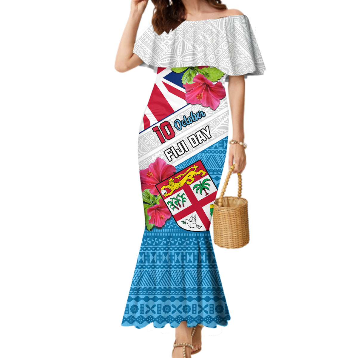 Personalised Fiji Day Mermaid Dress Fijian Hibiscus Special Version LT01 Women White - Polynesian Pride