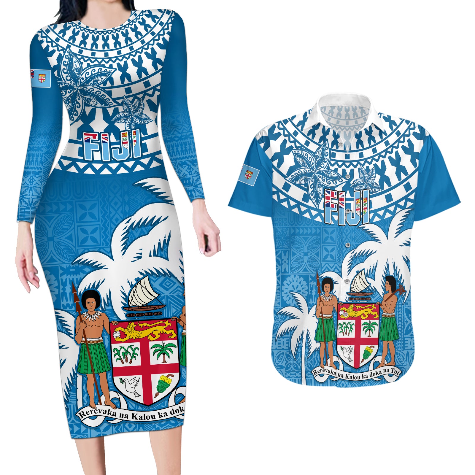 Fiji Couples Matching Long Sleeve Bodycon Dress and Hawaiian Shirt Bula Fijian Tapa Pattern LT01 Blue - Polynesian Pride