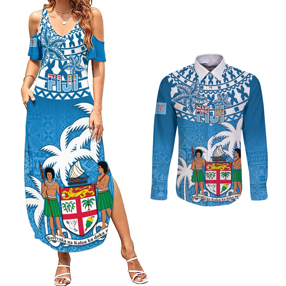 Fiji Couples Matching Summer Maxi Dress and Long Sleeve Button Shirts Bula Fijian Tapa Pattern LT01 Blue - Polynesian Pride