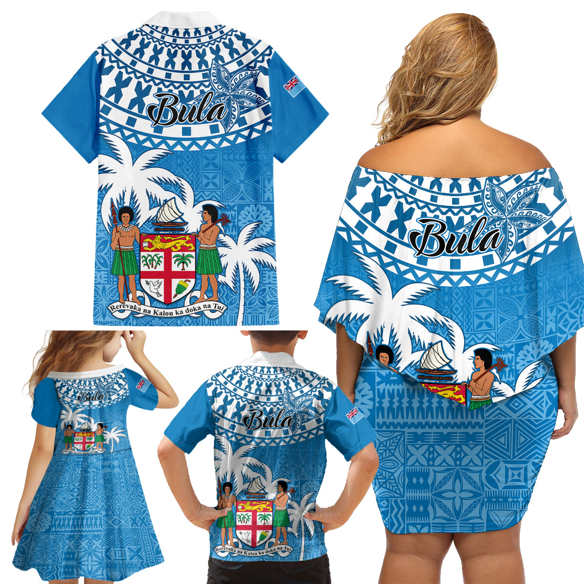 Fiji Family Matching Off Shoulder Short Dress and Hawaiian Shirt Bula Fijian Tapa Pattern LT01 - Polynesian Pride