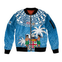 Fiji Sleeve Zip Bomber Jacket Bula Fijian Tapa Pattern LT01 Unisex Blue - Polynesian Pride