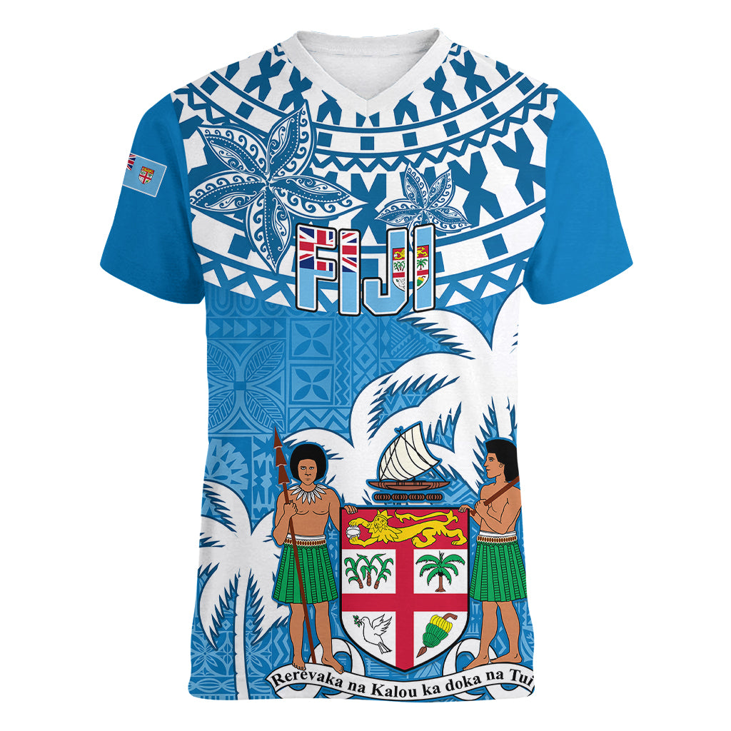 Fiji Women V Neck T Shirt Bula Fijian Tapa Pattern LT01 Female Blue - Polynesian Pride