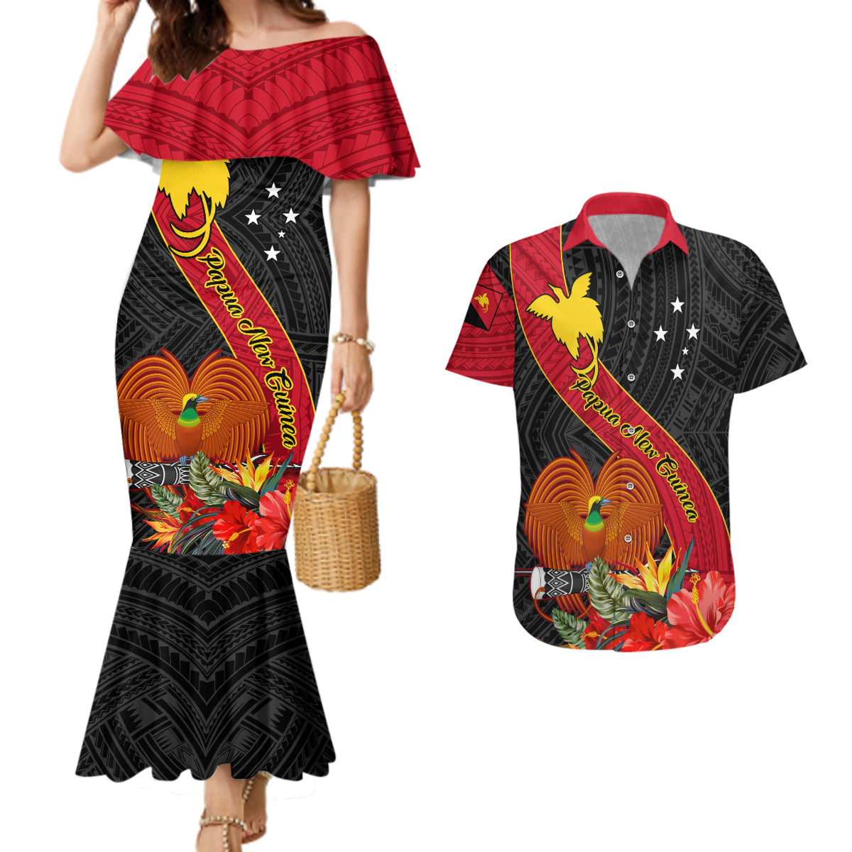 Personalised Papua New Guinea Couples Matching Mermaid Dress and Hawaiian Shirt Bird Of Paradise With Tropical Flower LT01 Black - Polynesian Pride