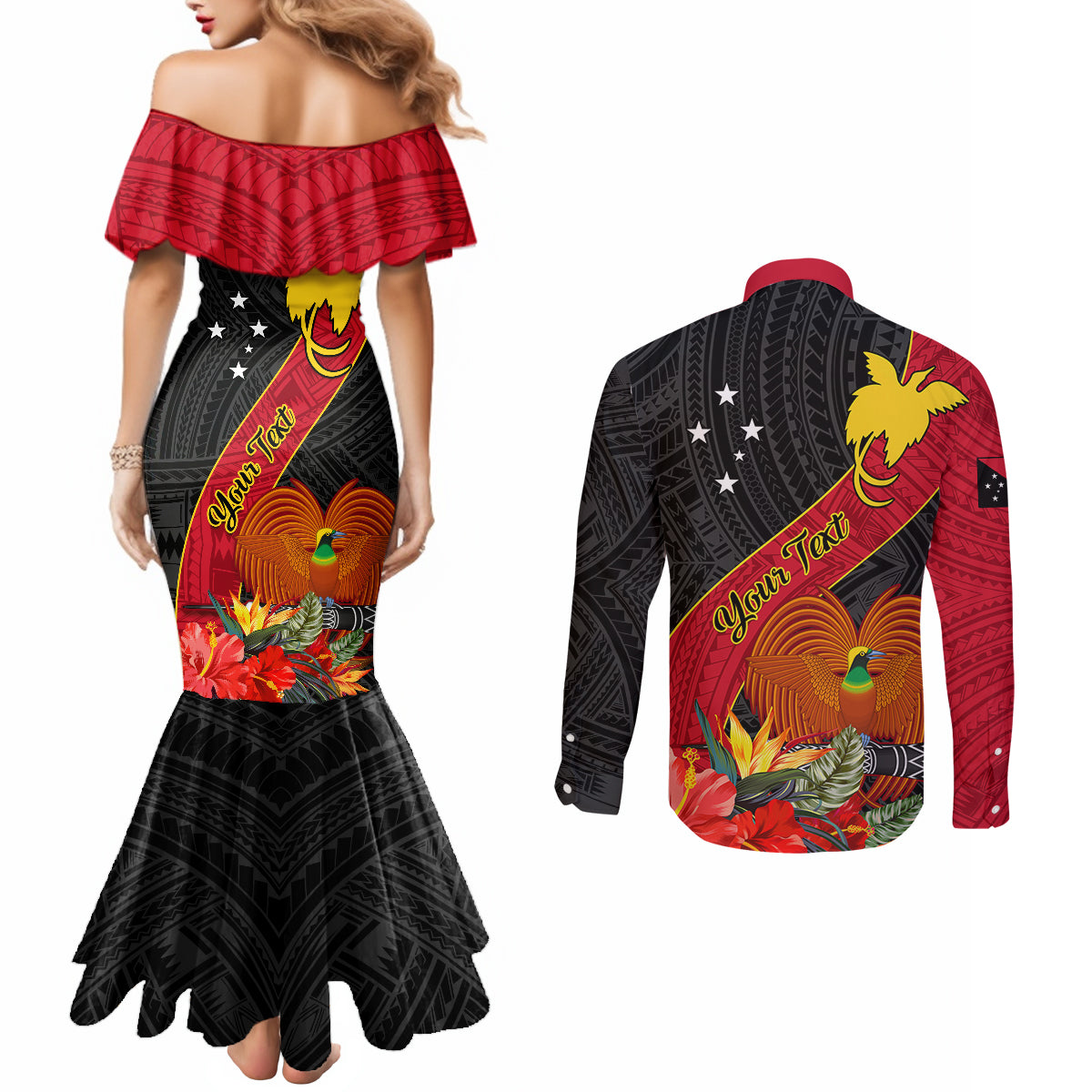 Personalised Papua New Guinea Couples Matching Mermaid Dress and Long Sleeve Button Shirts Bird Of Paradise With Tropical Flower LT01 - Polynesian Pride