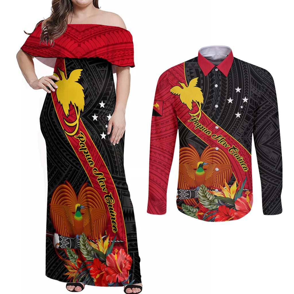 Personalised Papua New Guinea Couples Matching Off Shoulder Maxi Dress and Long Sleeve Button Shirts Bird Of Paradise With Tropical Flower LT01 Black - Polynesian Pride