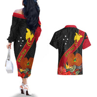 Personalised Papua New Guinea Couples Matching Off The Shoulder Long Sleeve Dress and Hawaiian Shirt Bird Of Paradise With Tropical Flower LT01 - Polynesian Pride