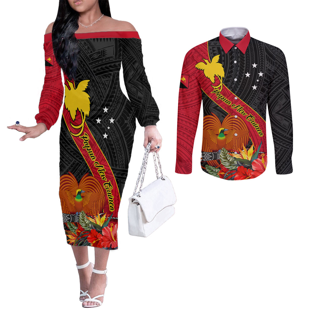 Personalised Papua New Guinea Couples Matching Off The Shoulder Long Sleeve Dress and Long Sleeve Button Shirts Bird Of Paradise With Tropical Flower LT01 Black - Polynesian Pride