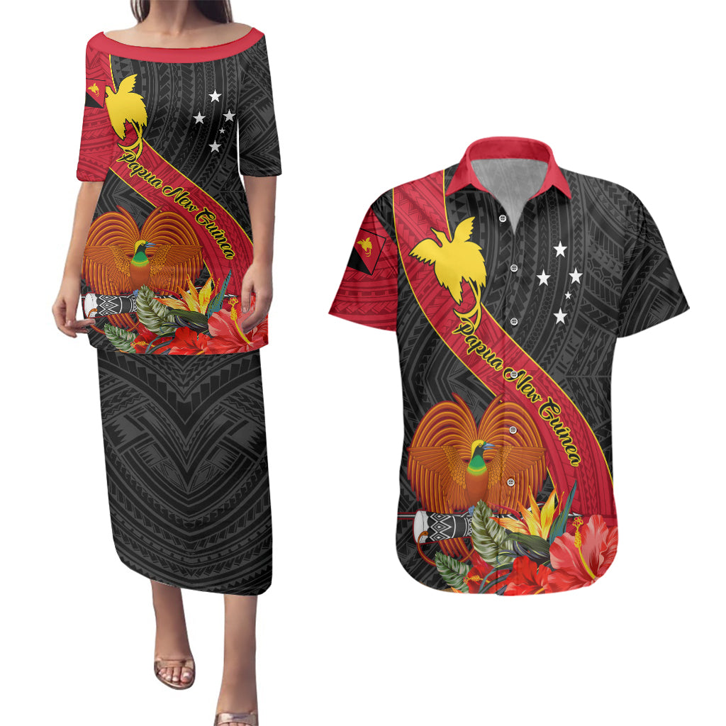 Personalised Papua New Guinea Couples Matching Puletasi Dress and Hawaiian Shirt Bird Of Paradise With Tropical Flower LT01 Black - Polynesian Pride