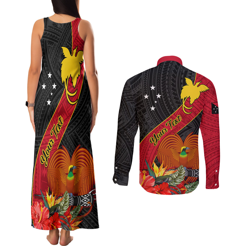 Personalised Papua New Guinea Couples Matching Tank Maxi Dress and Long Sleeve Button Shirts Bird Of Paradise With Tropical Flower LT01 - Polynesian Pride