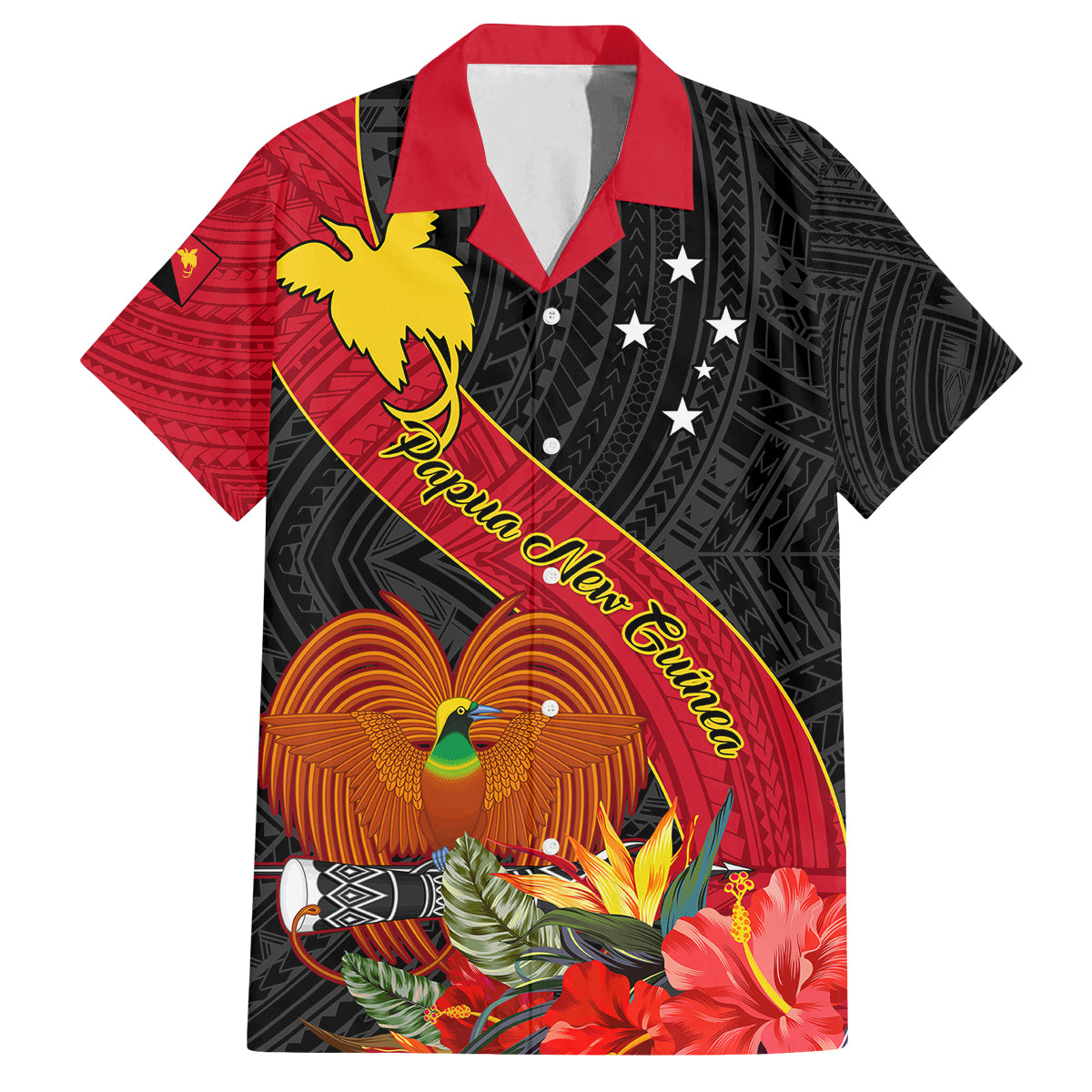 Personalised Papua New Guinea Family Matching Off Shoulder Long Sleeve Dress and Hawaiian Shirt Bird Of Paradise With Tropical Flower LT01 Dad's Shirt - Short Sleeve Black - Polynesian Pride