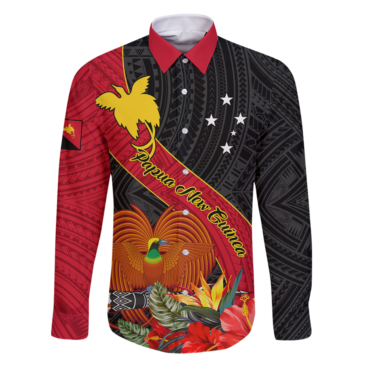 Personalised Papua New Guinea Family Matching Tank Maxi Dress and Hawaiian Shirt Bird Of Paradise With Tropical Flower LT01 Dad's Shirt - Long Sleeve Black - Polynesian Pride