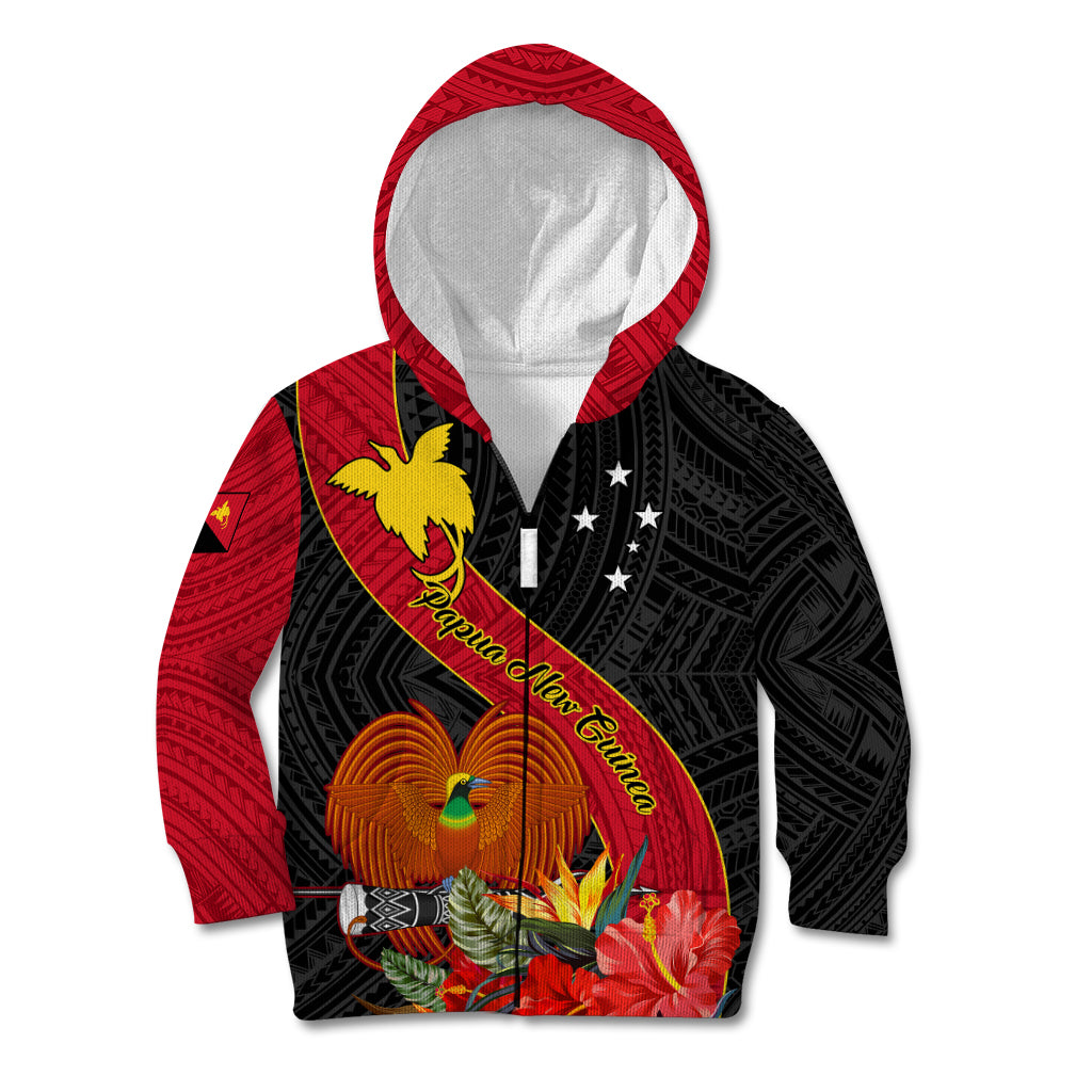 Personalised Papua New Guinea Kid Hoodie Bird Of Paradise With Tropical Flower LT01 Zip Hoodie Black - Polynesian Pride