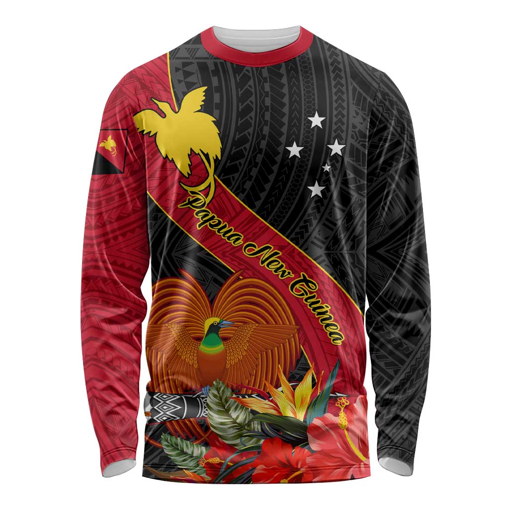 Personalised Papua New Guinea Long Sleeve Shirt Bird Of Paradise With Tropical Flower LT01