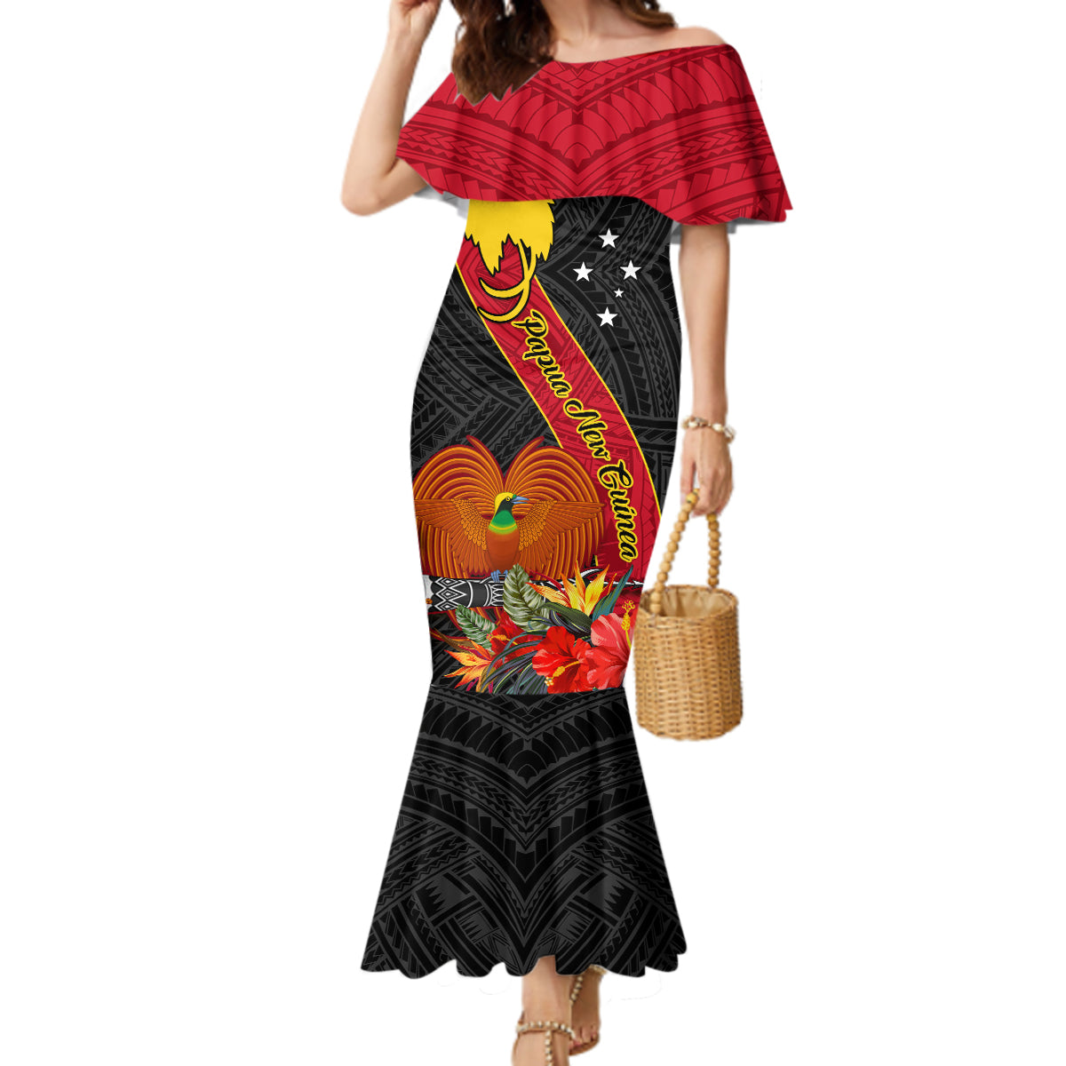 Personalised Papua New Guinea Mermaid Dress Bird Of Paradise With Tropical Flower LT01 Women Black - Polynesian Pride