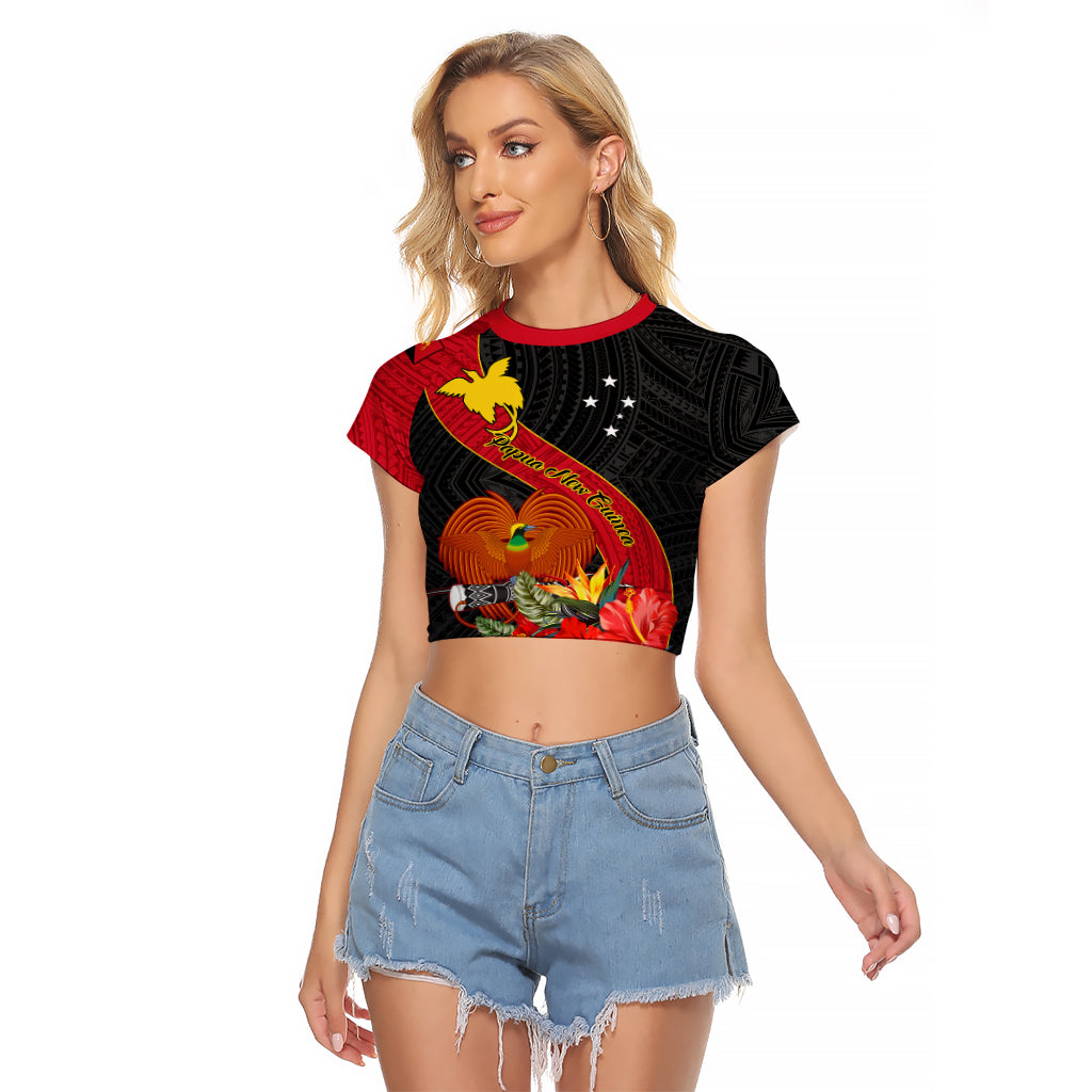 Personalised Papua New Guinea Raglan Cropped T Shirt Bird Of Paradise With Tropical Flower LT01 Female Black - Polynesian Pride